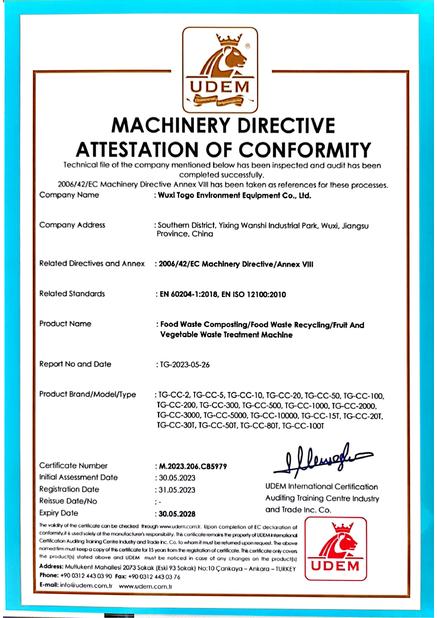 จีน WuXi TOGO Environment Equipment Co., Ltd. รับรอง